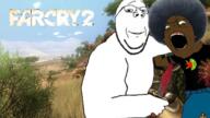 africa afro background beard blood buff dark_skin emblem far_cry far_cry_2 glasses logo mouth_open open_wound screaming smile smug stab stabbed stabbing stubble subvariant:wholesome_soyjak variant:gapejak videogame weapon wound // 1920x1080 // 2.7MB