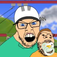 2soyjaks angry baby beard blue_eyes brown_hair clothes glasses green_shirt happy_wheels helmet mustache open_mouth orange_shirt pacifier stubble tan_skin variant:feraljak variant:gapejak // 1500x1500 // 524.4KB