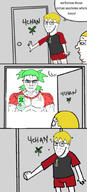 4chad 4chan angry anime arm award badge closed_mouth clothes comic crossed_arms door full_body glasses green_eyes green_hair hair muscles nate oldfag scared soyjak stubble subvariant:chudjak_front subvariant:muscular_chud text tshirt variant:chudjak variant:soyak vein yellow_hair yotsoyba // 908x2001 // 313.5KB