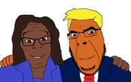 2soyjaks blond blue_eyes brown_eyes brown_hair brown_skin clothes dark_skin donald_trump glasses hair hand hugging kamala_harris necklace necktie no_more_brother_wars orange_skin smile soyjak stubble suit suit_and_tie teeth variant:cobson variant:feraljak white_background yellow_hair // 2672x1686 // 82.7KB