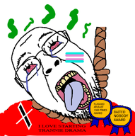 award_award bloodshot_eyes crying glasses open_mouth red_eyes red_shirt rope soyjak stinky suicide tongue tongue_out tranny tranny_award transgender_flag variant:bernd xitter // 641x643 // 120.4KB