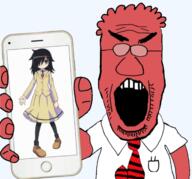 angry anime arm clothes dilbert glasses hair hand holding_object holding_phone iphone necktie no_eyes open_mouth phone red_skin soyjak stubble subvariant:phoneplier subvariant:phoneplier_vertical subvariant:science_lover tomoko tshirt variant:markiplier_soyjak // 1686x1573 // 1.1MB