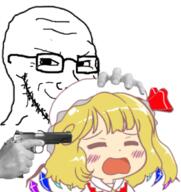 anime at_gunpoint closed_mouth clothes firearm flandre_scarlet glasses gun hand hat holding_gun holding_object holding_pistol imminent_death looking_to_the_left pistol smile smug soyjak stubble subvariant:soyak_(smug) touhou variant:soyak video_game weapon white_background yellow_hair // 576x611 // 218.1KB