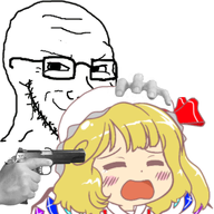 anime at_gunpoint closed_mouth clothes firearm flandre_scarlet glasses gun hand hat holding_gun holding_object holding_pistol imminent_death looking_to_the_left pistol smile smug soyjak stubble subvariant:soyak_(smug) touhou variant:soyak video_game weapon white_background yellow_hair // 576x611 // 218.1KB