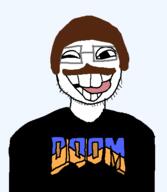 barneyfag brown_hair brown_mustache doom eyelids glasses hair lee_goldson mustache open_mouth soyjak stubble tongue variant:quirkjak wink // 408x468 // 8.0KB