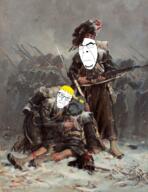 3soyjaks arm beard closed_eyes closed_mouth clothes crying death firearm glasses gun holding_gun holding_object holding_rifle mustache nate open_mouth painting rifle sad scotland snow soldier soot soyjak soyjak_party stubble uniform variant:cobson variant:feraljak variant:gapejak weapon winter yellow_hair // 615x798 // 799.0KB