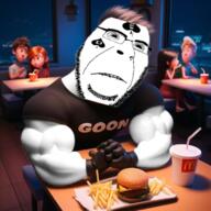 Cobson_face ai_generated black_clothing fries goon gooner hair hamburger head mcdonalds mouth_closed never_goon night soda soyjak spade spadeson subvariant:spadeson table variant:cobson white_skin // 716x716 // 650.4KB