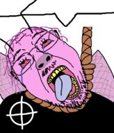 bloodshot_eyes celtic_cross clothes crying eyelashes hair hanging mustache oink open_mouth pig pink_skin purple_hair rope soyjak speech_bubble speech_bubble_empty stubble suicide tongue variant:bernd wing yellow_teeth // 720x844 // 149.5KB