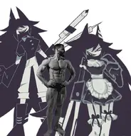 black_hair buff cat_ear full_body fundamental_paper_education grey_skin looking_to_the_right meta:not_oc miss_circle muscles nas:gigachad series:gemerald_rain teeth white_skin