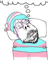 blanket bulge clenched_teeth closed_eyes deformed drool glasses hair pillow purple_hair sleeping stubble subvariant:scholar thought_bubble tranny variant:gapejak yellow_teeth // 1132x1400 // 676.6KB