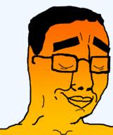 calm closed_eyes closed_mouth glasses hair orange_skin smile thick_eyebrows variant:chudjak warm // 645x770 // 36.5KB
