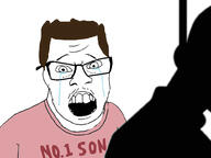 2soyjaks brown_hair clothes crying glasses hair mustache open_mouth rope silhouette son soyjak suicide text tragedyjakking variant:feraljak variant:kuzjak // 1000x750 // 159.6KB