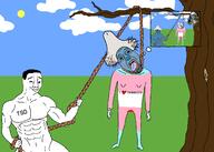 2soyjaks arm bloodshot_eyes blue_skin buff closed_mouth clothes crying drawn_background ear full_body glasses grass hand hanging holding_object holding_rope irl leg lynching mustache neovagina noose open_mouth outdoors purple_hair rope shailushai smile smug smurf smurf_cat soyjak tongue tranny tree variant:bernd variant:chudjak yellow_teeth // 2100x1500 // 320.9KB