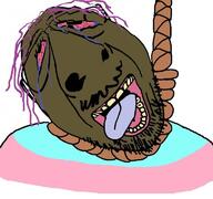 bloodshot_eyes brown_skin brown_troonjak crying deformed glasses hanging open_mouth rope soyjak stubble tranny variant:bernd // 768x719 // 461.8KB