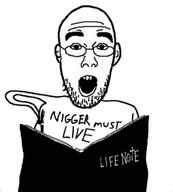 anime book death_note ear glasses holding_book holding_object millions_must_die nigger open_mouth pen soyjak stubble text variant:shirtjak // 661x734 // 39.7KB