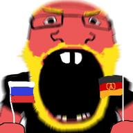 angry aryan beard blond east_germany flag flag:east_germany flag:russia germany glasses holding_flag motion_blur open_mouth soyjak stubble subvariant:science_lover teeth variant:markiplier_soyjak // 640x640 // 45.5KB