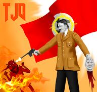 adolf_hitler bald benjamin_netanyahu blood blood_drip blood_from_neck bloodshot_eyes claws closed_eyes closed_mouth clothes coat collared_coat collared_shirt demon demon_horns facial_mark fire firearm flag:nazi_germany glasses gore grey_skin gun gunshot gunshot_wound halo hebrew_text hitler_mustache holding_gun holding_object holding_pistol holding_severed_head iron_cross jacket jewish_nose murder nazism necktie open_mouth pistol red_skin severed_head shooting soyjak stubble suit suit_and_tie swastika tail tjd total_jew_death total_kike_death undercut variant:bernd weapon world_war_2 // 2048x1938 // 2.9MB