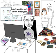 3soyjaks balding book closed_mouth clothes coffee computer crossed_arms desk desktop ear eyebrows frown full_body glasses grey_hair haskell lips monitor mustache pc pile programming subvariant:hydrocephason subvariant:pol_face teeth variant:chudjak variant:cobson white_skin whiteboard woman you_don't_understand // 909x866 // 600.2KB