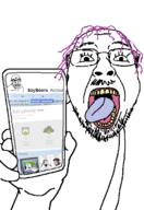 anime anime_girl arm cloudflare danganronpa_(series) ddos girl glasses holding_object holding_phone janny open_mouth porn_addiction purple_hair soybooru soyjak_party stubble tranny variant:bernd variant:feraljak variant:markiplier_soyjak variant:phoneboy variant:soyak // 468x680 // 59.3KB