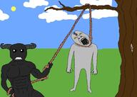 ack black_sclera black_skin buff clenched_teeth cloud demon demon_horns drawn_background facial_mark forehead_mark full_body grey_skin hanging holding_object holding_rope horn lynching meta:tagme_(character_name) noose open_mouth rope sky soyjak sun tongue tongue_out tree variant:bernd white_pupils yellow_sclera yellow_teeth // 2100x1500 // 275.4KB