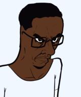 angry arm black_skin closed_mouth clothes glasses hair soyjak subvariant:chudjak_seething tshirt variant:chudjak // 456x547 // 63.7KB