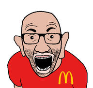 amerimutt clothes ear glasses mcdonalds open_mouth soyjak stubble tshirt variant:el_perro_rabioso // 423x400 // 97.2KB