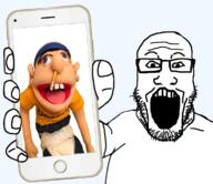 finger fingers front_facing glasses hand holding_phone jeffy open_mouth phone sml soyjak stubble subvariant:phoneplier subvariant:phoneplier_vertical supermariologan variant:markiplier_soyjak // 1160x1002 // 744.8KB