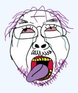 bloodshot_eyes crying glasses hair mustache open_mouth purple_hair redraw soyjak stubble tongue tranny variant:bernd // 590x700 // 104.2KB