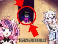 2soyjaks among_us anime arrow circle clothes full_body hair ironmouse nyanners open_mouth projekt_melody soy_parody variant:two_pointing_soyjaks video_game vshojo vtuber // 1600x1200 // 271.3KB