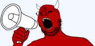 black_sclera demon facial_mark forehead_mark glasses hand holding_object horn mark_of_the_beast megaphone no_pupils open_mouth pentagram pentagram_forehead_mark red_skin satan shoulder soyjak star stubble variant:gapejak // 1183x579 // 95.5KB