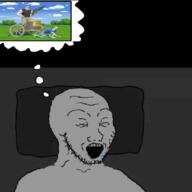 arm art bed chad closed_eyes clothes crying deviantart drawn drawn_background dream drool frog full_body glasses grey gun hand imagination leg open_mouth pepe sleeping soyjak speech_bubble stubble tshirt variant:soyak variant:unknown // 1000x1000 // 317.9KB