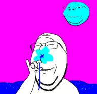 2soyjaks animated arm closed_eyes colorful flower glasses hand holding_object plant smelling smile soyjak stubble subvariant:wholesome_soyjak sun variant:gapejak // 640x621 // 822.7KB