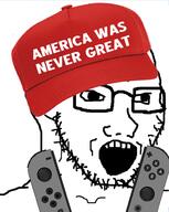 cap clothes donald_trump glasses hat maga nintendo nintendo_switch open_mouth politics soyjak stubble variant:soyak video_game // 521x653 // 281.0KB