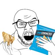 angry arm chips food glasses hand holding_object mustache open_mouth popcorners soyjak stubble variant:feraljak // 800x800 // 256.8KB