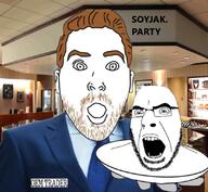 2soyjaks angry badge clothes ear gem glasses hair hand holding_object holding_plate irl_background necktie open_mouth orange_hair plate severed_head soyjak soyjak_party stubble suit variant:cobson variant:platejak // 828x764 // 714.4KB