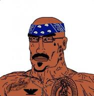 aztlan bandana beard brown_skin buff chicano closed_mouth ear glasses godtoko hair huelga_bird mexigod mustache soyjak subvariant:perceptive_chud tattoo variant:chudjak // 774x791 // 242.5KB