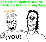 (you) 2soyjaks autistic glasses greentext mullet open_mouth orangetext retard stubble variant:casnatus variant:mulletjak // 950x865 // 32.3KB