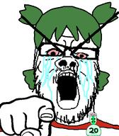 4chan 4cuck angry anime badge bald big_eyebrows bloodshot_eyes crying glasses hair hand mustache open_mouth pink_eyes pointing pointing_at_viewer red_shirt selfish_little_fuck soyjak stubble tear text variant:a24_slowburn_soyjak yotsoyba // 454x520 // 14.1KB