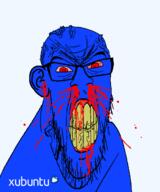 GNULinux angry blood bloodshot_eyes blue blue_skin clenched_teeth cracked_teeth ear glasses mustache nosebleed red_eyes soyjak stubble subvariant:feralrage variant:feraljak vein xubuntu yellow_teeth // 1500x1800 // 112.2KB