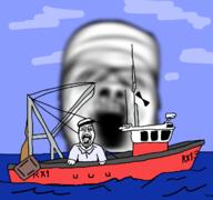 blur boat captain cloud deformed distorted drawn_background fishing fishing_boat moving redraw reverse sailor sea sky subvariant:boat_rammer variant:a24_slowburn_soyjak variant:bernd water window // 1200x1125 // 246.0KB