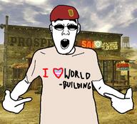 arm clothes craig_boone ear fallout fallout_new_vegas glasses hand heart i_love military_beret open_mouth pointing soyjak text tranny tshirt variant:shirtjak video_game // 618x559 // 393.0KB