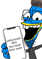 beak bird blue_skin empty_hand fanboy fanboy_and_chum_chum glasses hair holding_phone laughing looking_at_you open_mouth stubble tear unfunniest_shit_you_have_ever_seen variant:slushiejak xitter zoomer_hair // 704x1000 // 136.9KB