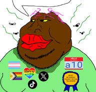 a10_(user) award brown_skin chapped_lips closed_mouth fat flag:transgender_pride_flag flies green_shirt hello_my_name_is_(sticker) lgbt love_is_love meta:namefags most_retarded_tranny_award mutt mutt_lips nose pink_hair purple_hair red_lips ribbon smile speech_bubble stink_lines stinky stubble sweating sweaty tiktok tranny trend:slopjak variant:meximutt xitter yellow_sclera // 888x849 // 248.4KB