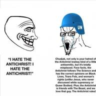 antichrist bloodshot_eyes combat_helmet crying glasses helmet i_hate_the_antichrist meme open_mouth schizoposting side_profile soyjak stretched_mouth stubble text trollface united_nations variant:soyak // 640x640 // 38.6KB