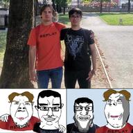 4soyjaks blue_eyes brown_hair closed_mouth clothes glasses hair hand looking_at_each_other mustache ominous smile soyjak stubble variant:bernd variant:chudjak variant:gapejak variant:markiplier_soyjak // 1018x1019 // 1.8MB