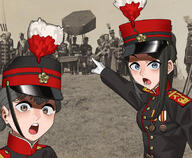anime blue_eyes brown_eyes colorful female irl_background japanese_empire medal military_uniform open_mouth pointing shako_hat soy_parody variant:two_pointing_soyjaks // 828x683 // 117.1KB