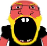 angry arm beard blur buck_teeth clothes distorted glasses open_mouth red_skin soyjak subvariant:science_lover tshirt variant:markiplier_soyjak yellow_beard yellow_hair // 1057x1042 // 916.4KB