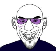 60percent_(user) among_us bald closed_mouth clothes ear front_facing glasses jerma985 looking_at_you open_mouth self_insert smile soyjak stubble sunglasses suspicious tattoo tinted_glasses variant:susjak video_game white_skin // 680x620 // 47.6KB