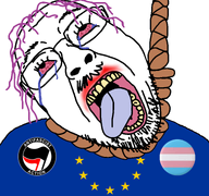ack ack! antifa crying cuck european_union faggot leftist neoliberal open_mouth pink_hair screaming transgender_flag troon variant:bernd white_background yellow_teeth // 768x719 // 91.7KB
