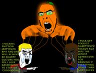 Fdl angry badge black_background blond brown_hair brown_skin crying froot glowie jake jakparty_soy jartycuck nate orange pointing puppet puppeteer shartycuck soyjak_party variant:chudjak variant:cobson // 2400x1839 // 563.6KB